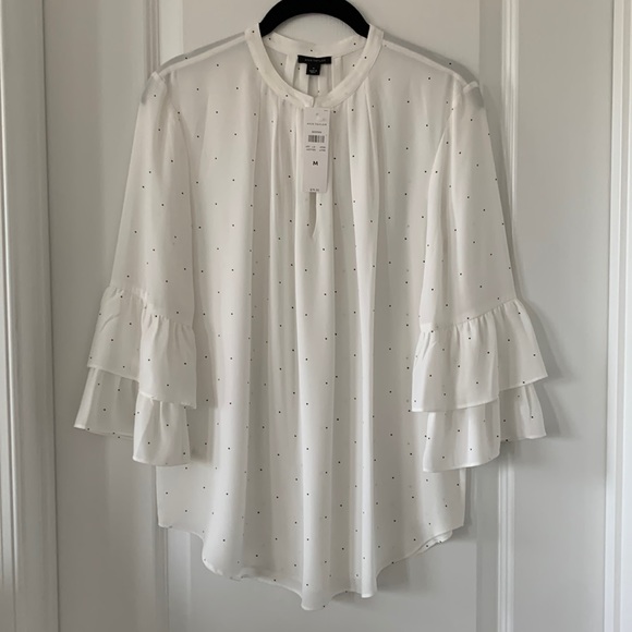 NWT ANN TAYLOR Pleated Detail 3/4 Ruffle Sleeves Polka Dot Print Blouse Size M - Picture 1 of 16